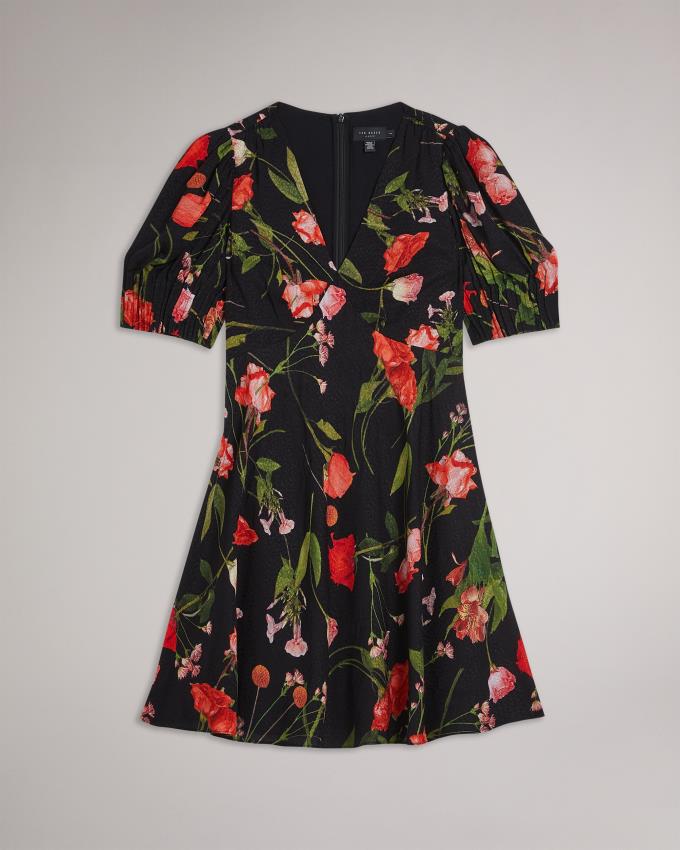 Peignoir Ted Baker Floral Mini Tea With Puff Sleeves Noir Femme | CKY-15353831